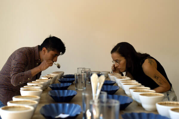 Diego and Carina cup coffee together at the end of a long wooden table.