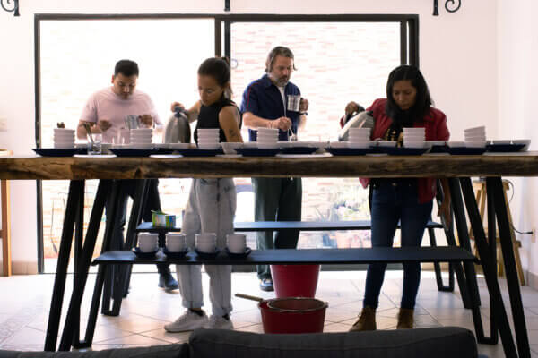 Fabian, Carina, Adam and Sherezade cup coffee together at a long wooden table in front of a large glass window.