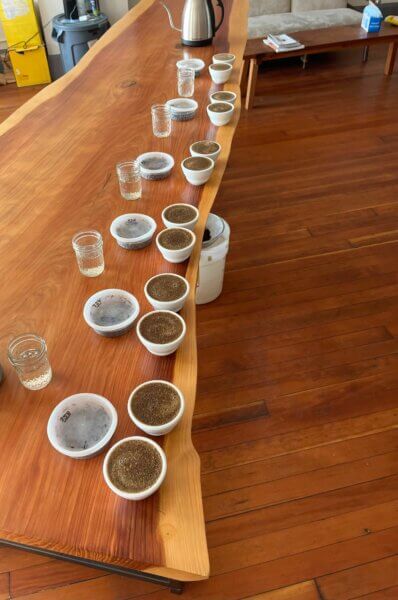 A cupping table where we practice calibrating
